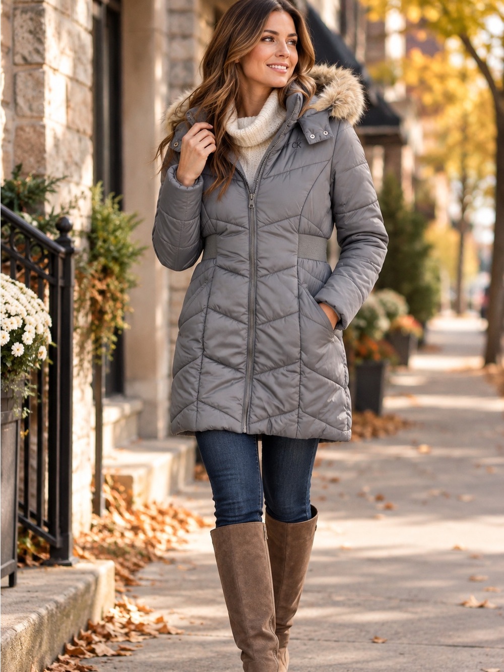 Calvin Klein Jeans Gray Long Puffer Coat Faux Fur Hood Size L 12/14